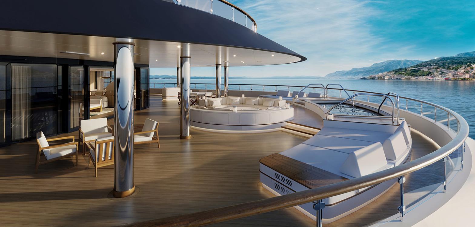 A rendering of a private terrace aboard Four Seasons II with teak decking, a circular sunken seating pit, a plunge pool and sun loungers overlooking a coastline