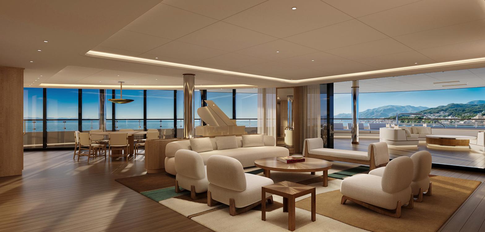A rendering of a Yacht Residential Suite living room aboard Four Seasons II, with pale bouclé armchairs, a grand piano, a dining table and floor-to-ceiling glass opening onto a private terrace