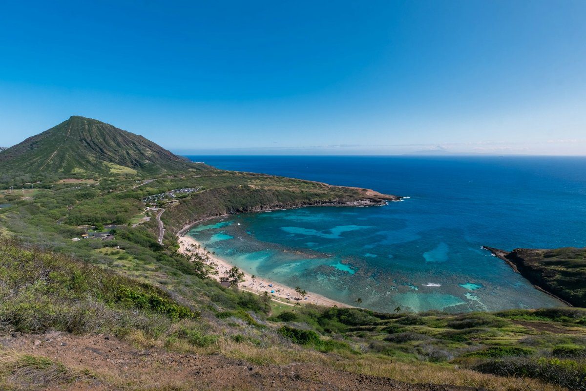 Hanauma Bay on Oahu, Hawaii, seen from above, with its shallow reef lagoon popular with snorkellers