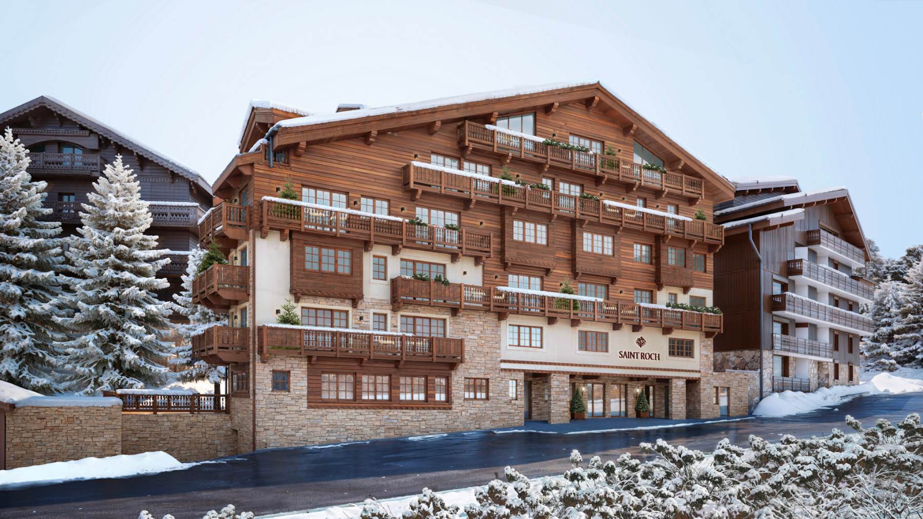 Hôtel Saint Roch Courchevel exterior on the Bellecôte piste in snow
