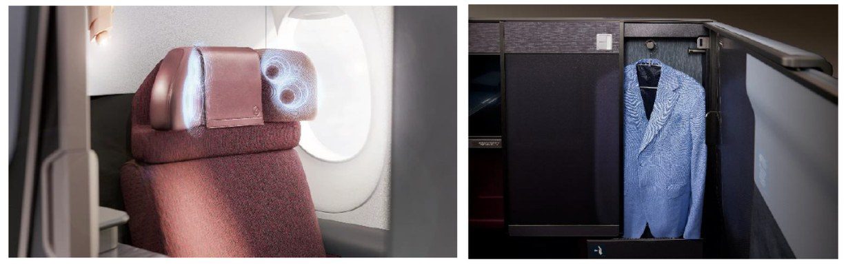 Japan Airlines A350-1000 Business Class headrest speakers and the private wardrobe