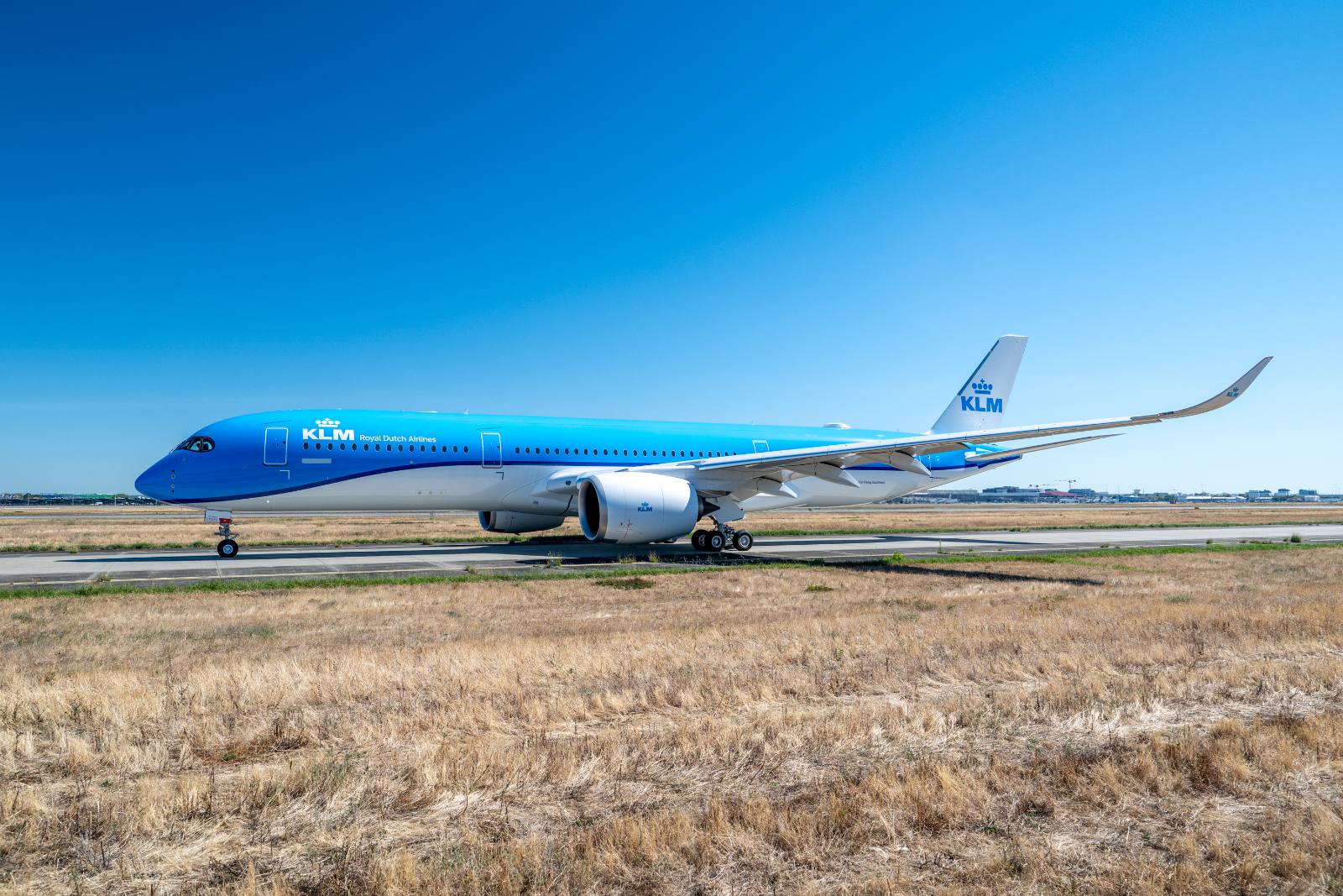 KLM Airbus A350-900 in blue KLM livery taxiing at Toulouse before a test flight