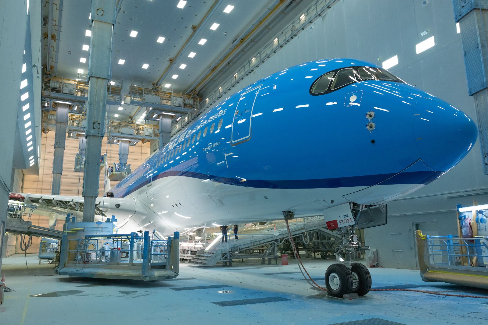 Nose of KLM’s first Airbus A350-900, The Night Watch, in the Airbus hangar in Toulouse — the aircraft that introduces the new KLM A350 business class