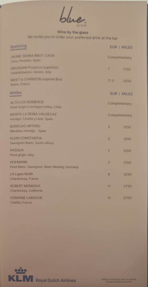 Blue Bar by KLM wine list with prices in euros and Flying Blue miles, from complimentary cava to Moët at 17.50