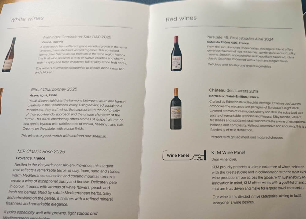 KLM business class wine list with Wieninger, Ritual Chardonnay and Château des Laurets