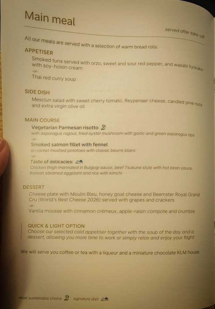 KLM World Business Class dinner menu, Amsterdam to Singapore, with Beemster Royal Grand Cru cheese plate