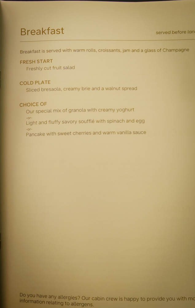 KLM business class breakfast menu with granola, soufflé and pancake options