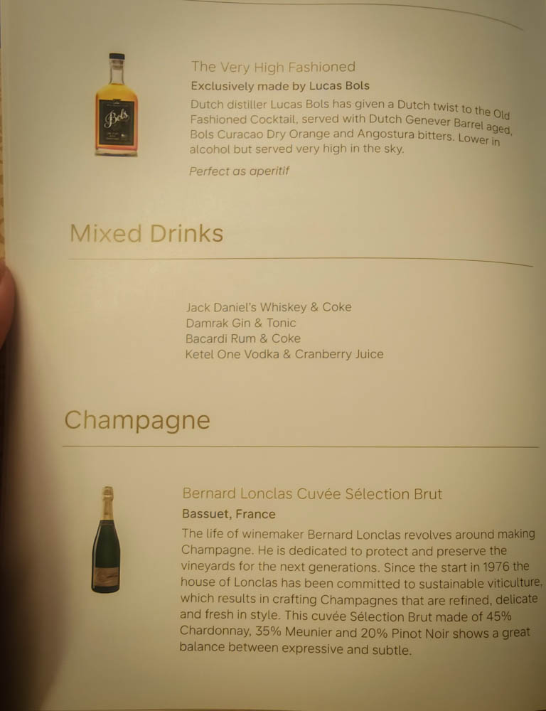 KLM menu page with The Very High Fashioned genever cocktail and Bernard Lonclas champagne