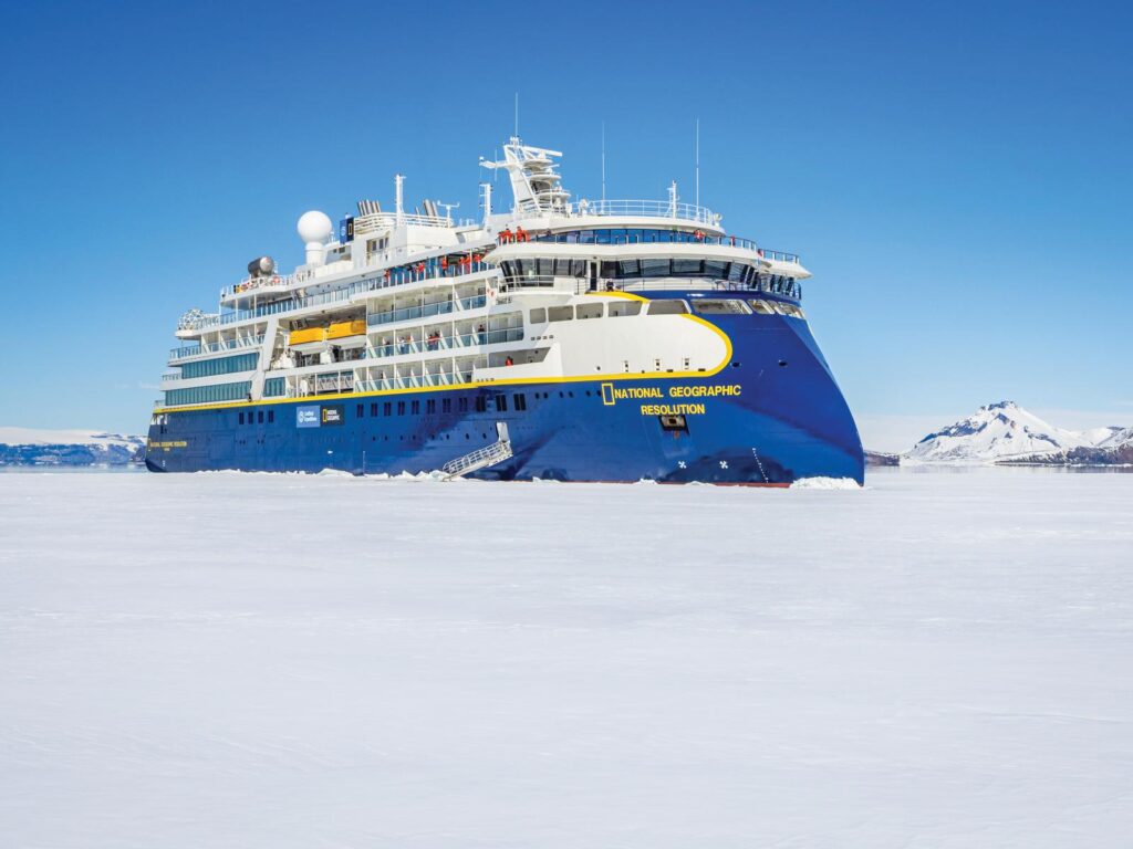 Lindblad Expeditions ship National Geographic Resolution parked in the pack ice of the Weddell Sea, Antarctica