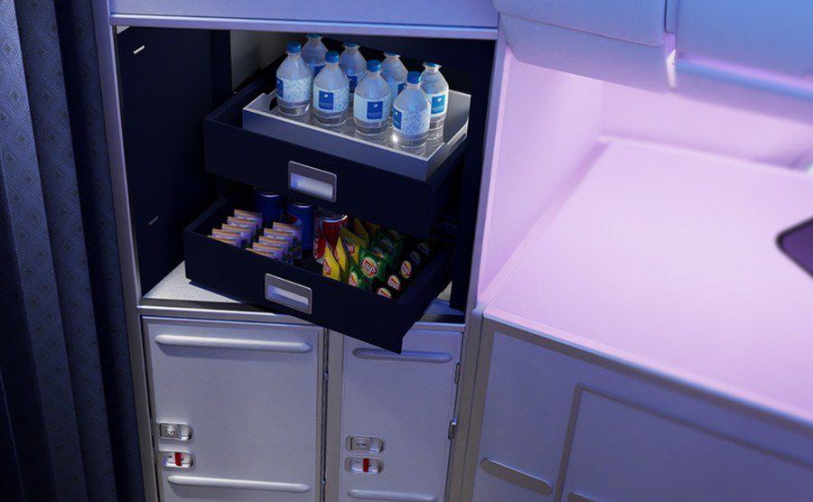 Self-service snack and drinks bar in the Malaysia Airlines A330neo business class cabin