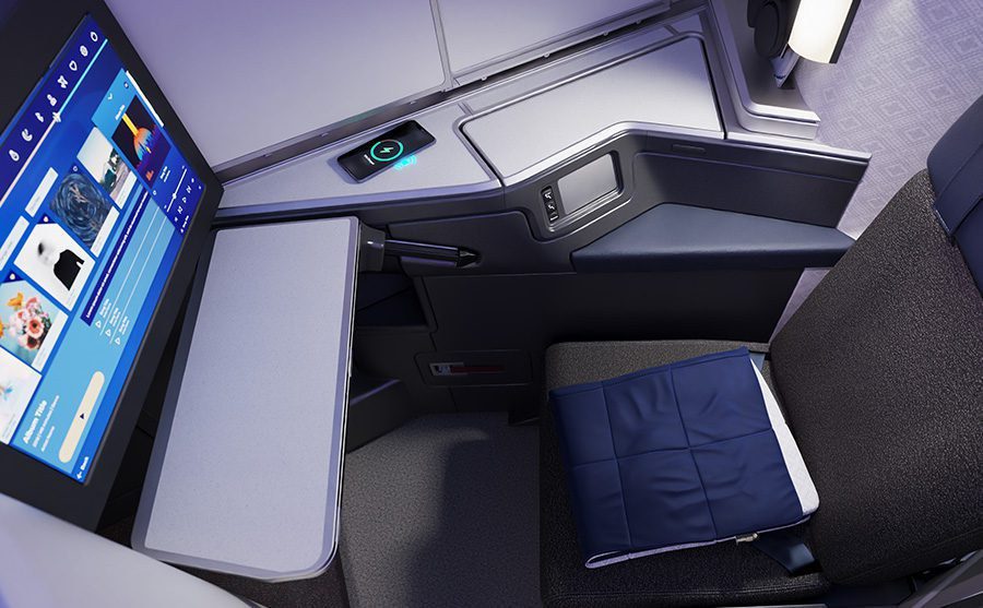 Malaysia Airlines A330neo business class seat with 17.3-inch 4K screen and wireless charging pad