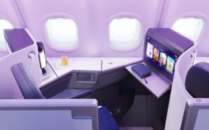Malaysia Airlines A330neo Business Suite with sliding privacy door, side table and 4K screen