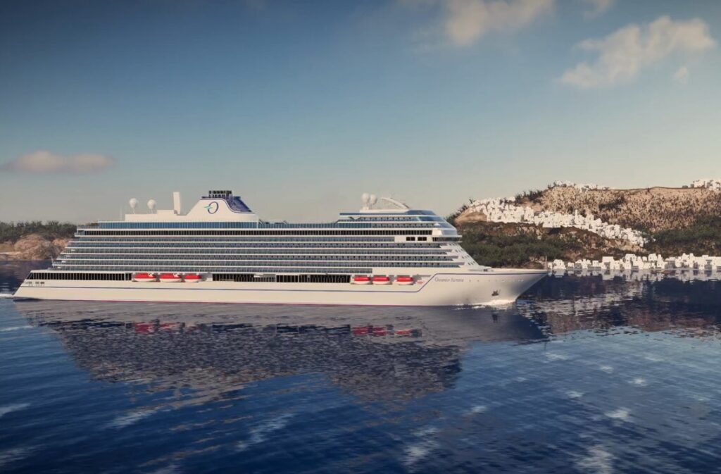 Rendering of Oceania Sonata on calm blue water off a whitewashed hillside town