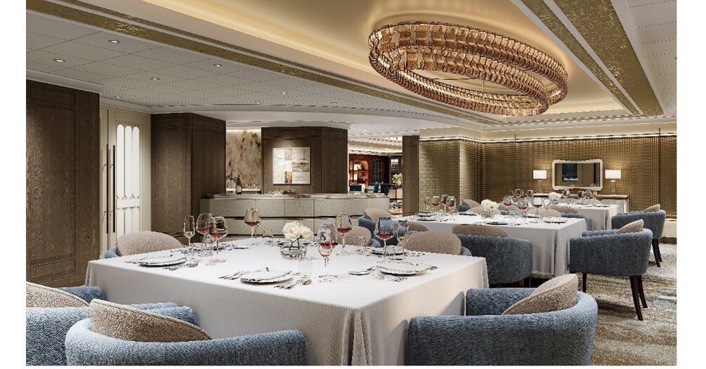 Rendering of La Table par Maîtres Cuisiniers de France on Oceania Sonata, with white-clothed tables beneath an oval crystal chandelier