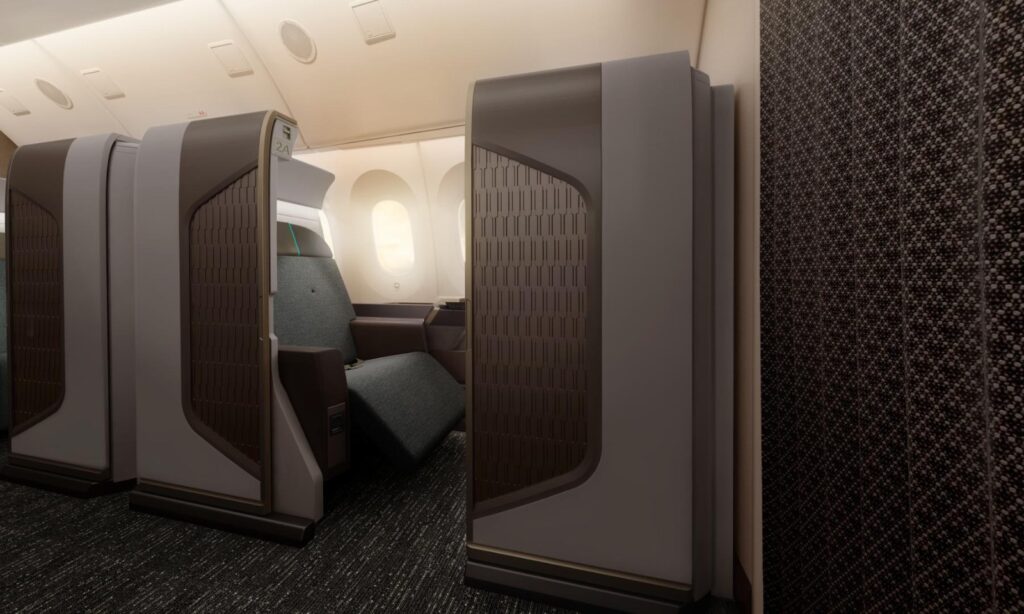 Oman Air business class Business Studio suites on the Boeing 787-9 with sliding lattice privacy doors