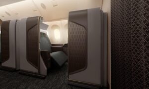 Oman Air business class Business Studio suites on the Boeing 787-9 with sliding lattice privacy doors