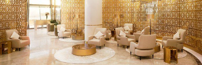Seating area of the Oman Air First and Business Class lounge at Muscat International Airport