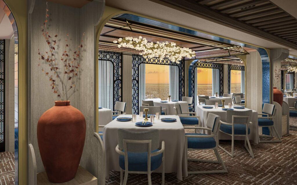 Rendering of the Azure restaurant dining room on Seven Seas Prestige, with terracotta urns, blue-and-white tables and sea views