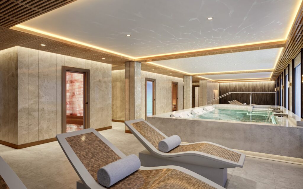 Rendering of the hydrotherapy pool and heated loungers in the thermal suite of Serene Spa & Wellness on Seven Seas Prestige