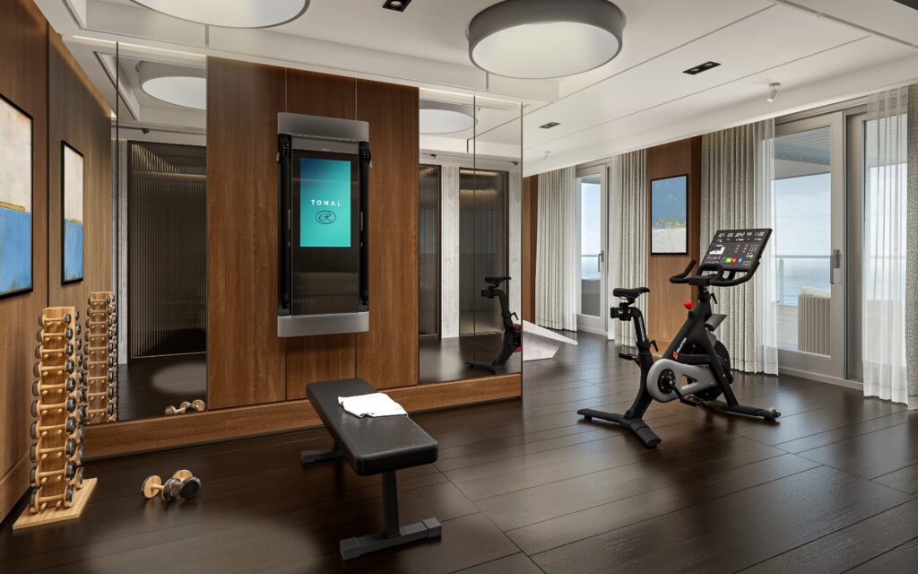 Rendering of the private in-suite gym in the Skyview Regent Suite on Seven Seas Prestige, with a bike, weights and a balcony view