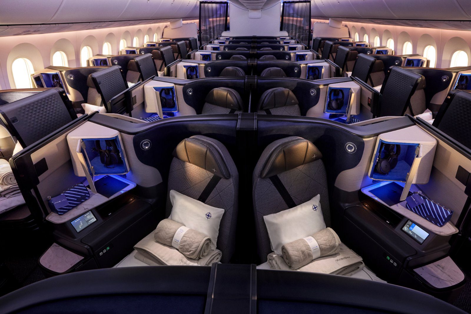 United Polaris business class cabin in the Elevated Boeing 787-9 interior