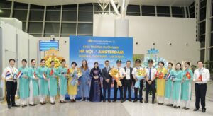 Vietnam Airlines Airbus A350-900 at the inaugural nonstop Hanoi–Amsterdam service on 16 June 2026