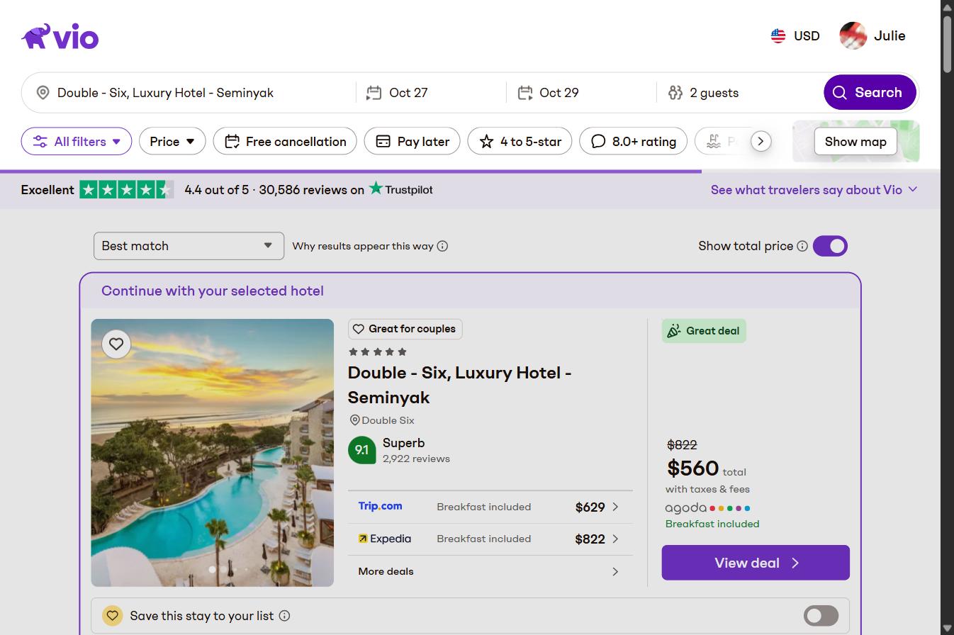 Vio.com search results for Double-Six Luxury Hotel Seminyak showing $560 total via Agoda against Trip.com $629 and Expedia $822, 15 September 2026
