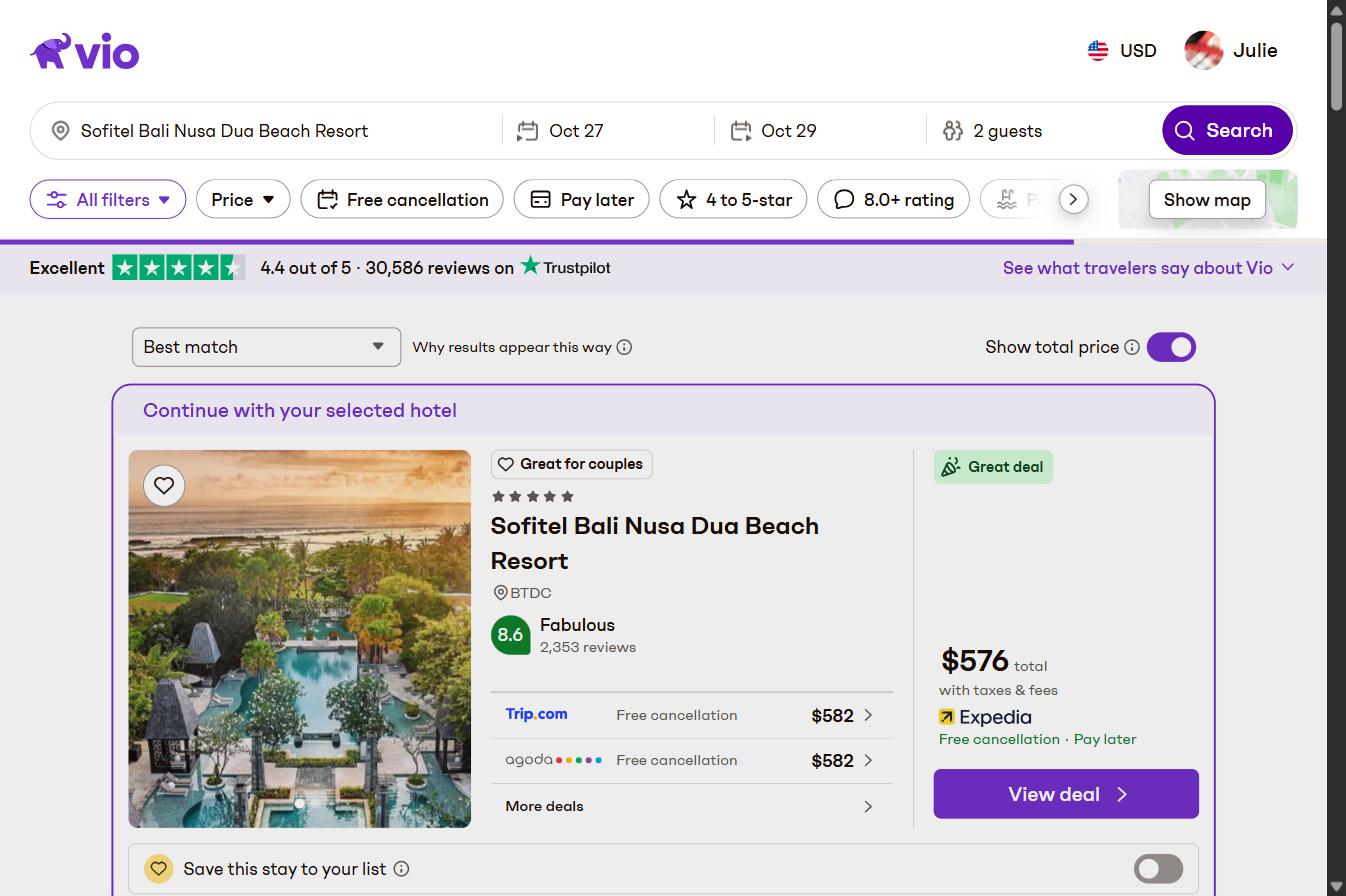 Vio.com search results for Sofitel Bali Nusa Dua Beach Resort at $576 total via Expedia against Trip.com and Agoda at $582, 15 September 2026