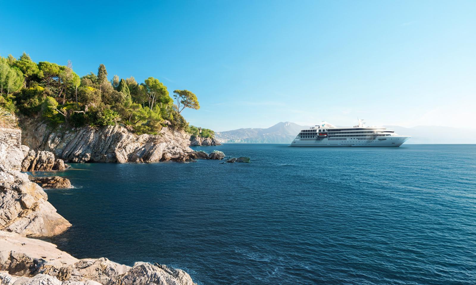 Rendering of Windstar Cruises' Star Explorer at anchor off a rocky, pine-covered Mediterranean coastline