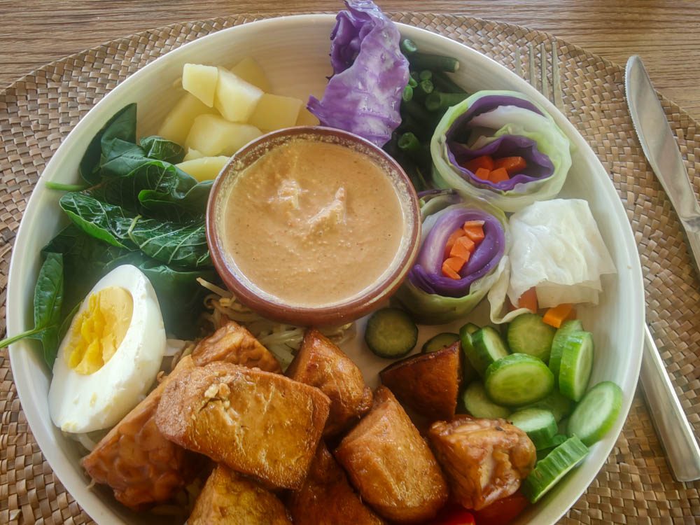 Lunch bowl of tofu, tempeh, boiled egg, steamed greens, rice-paper rolls and peanut sauce at Goddess Retreat Ubud