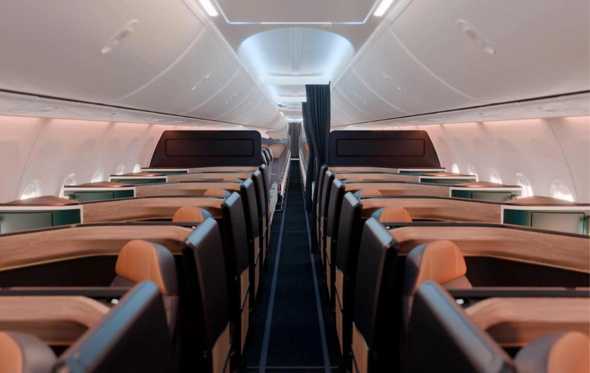 Rendering of lie-flat Aurora Suites angled towards the windows in the single-aisle cabin of an Alaska Airlines 737 MAX 10