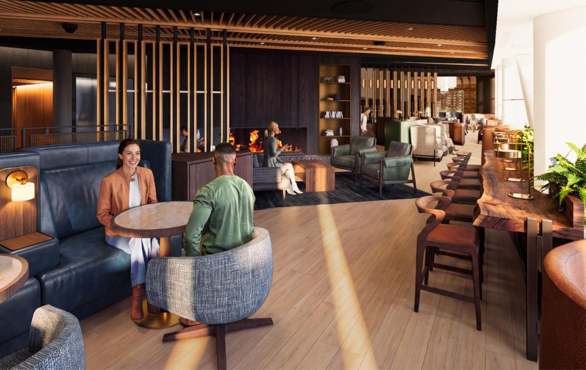 Rendering of the new Alaska Airlines Seattle lounge with a fireplace, leather banquettes, a live-edge wood counter and floor-to-ceiling windows