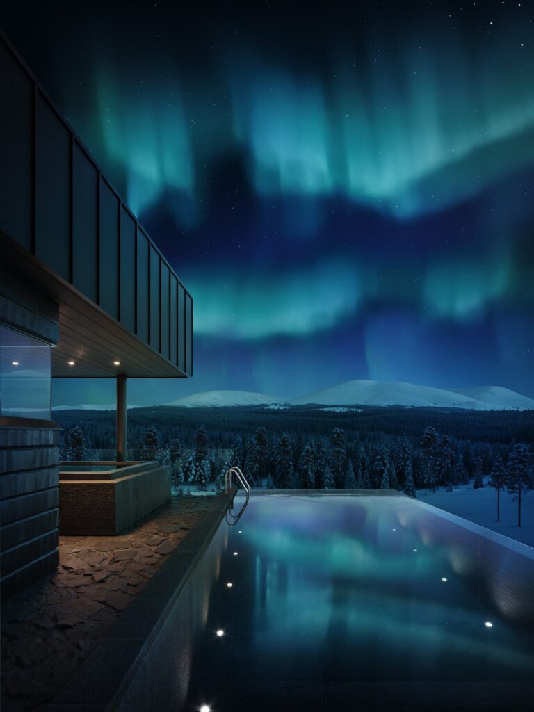 Rendering of the heated rooftop infinity pool at Arcora under the Northern Lights