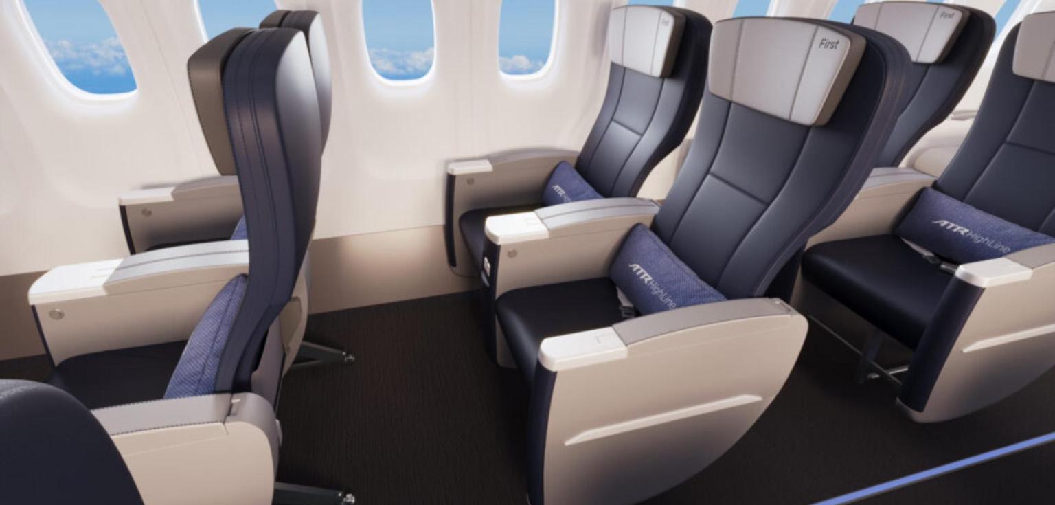 Rendering of ATR's HighLine premium cabin concept with navy leather seats and cream headrests; Air Tahiti's version has a 1-1 layout