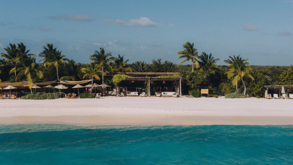 Aerial view of the beach and palms at The Beach Club, Barbuda