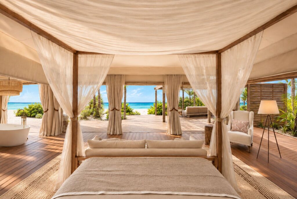Rendering of the king bedroom inside a tented suite at The Beach Club, Barbuda