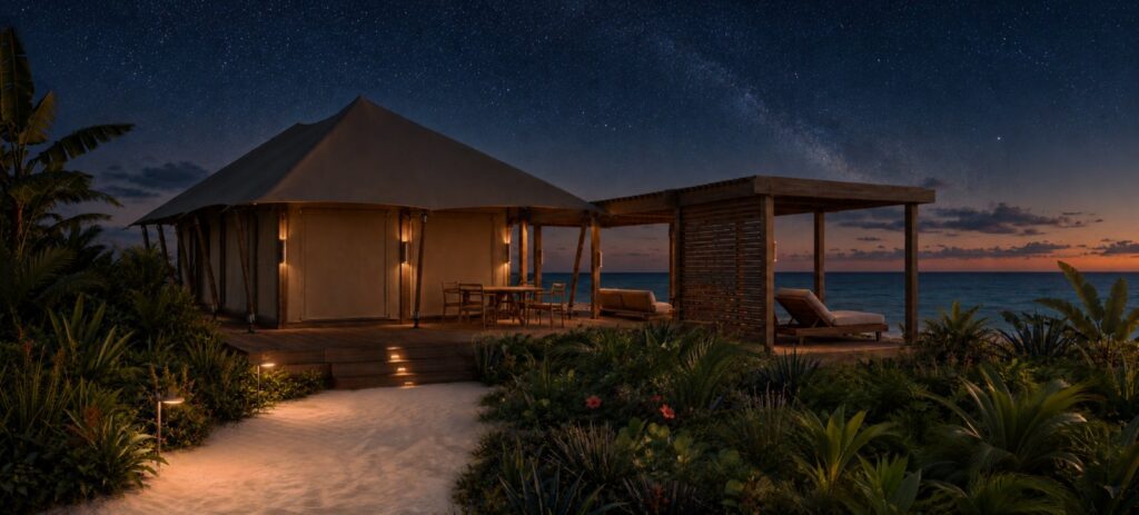 Rendering of a tented suite at night under a dark sky at The Beach Club, Barbuda