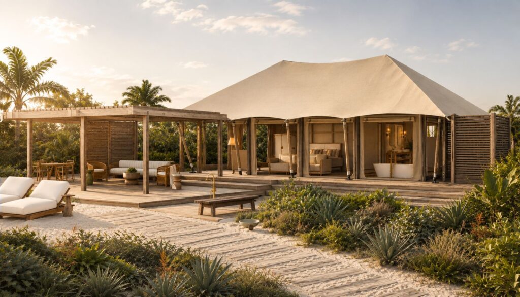 Rendering of a beachfront tented suite at The Beach Club Barbuda