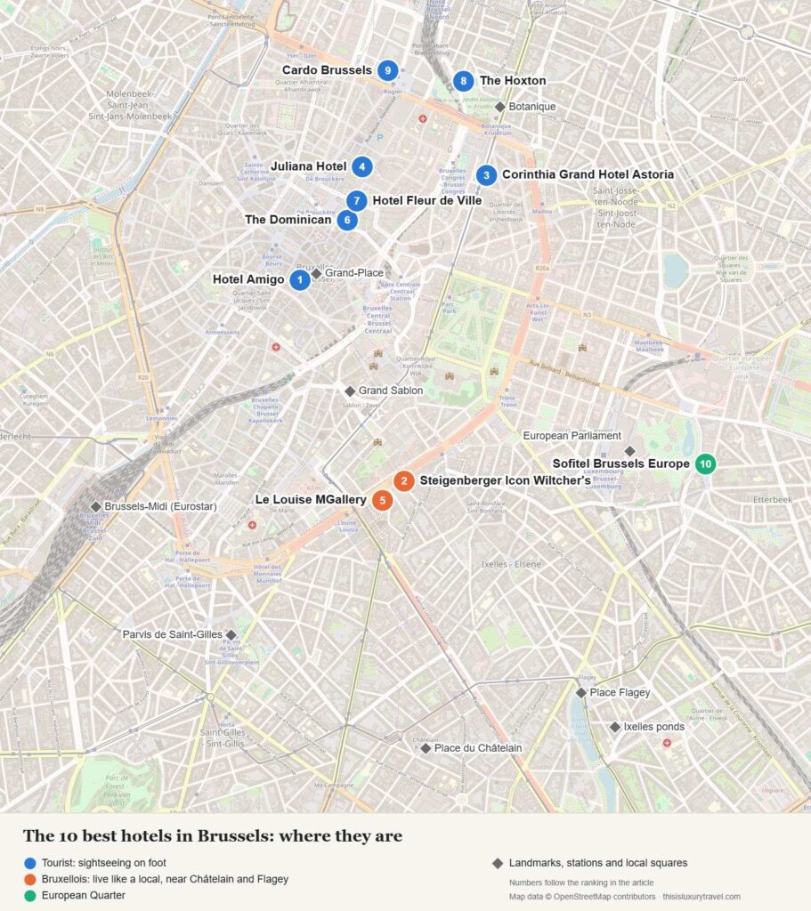 Map of the 10 best hotels in Brussels showing the tourist hotels around the Grand-Place and the Bruxellois hotels on Avenue Louise near Châtelain and Flagey