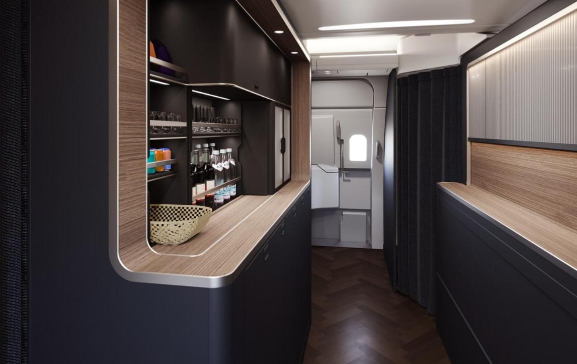 Rendering of the new Club Kitchen self-service area on the British Airways A380 upper deck, with wood panelling and dark navy finishes