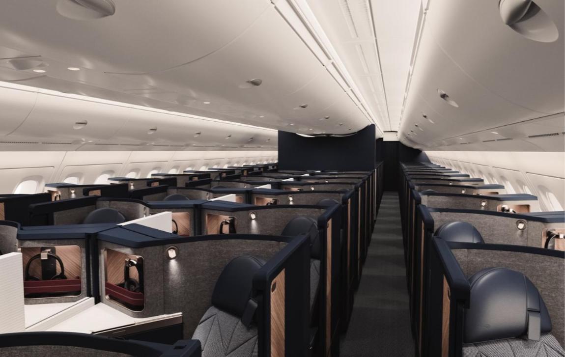 Rendering of the 106-seat Club World cabin across the British Airways A380 upper deck, rows of Club Suites with doors under a cream ceiling