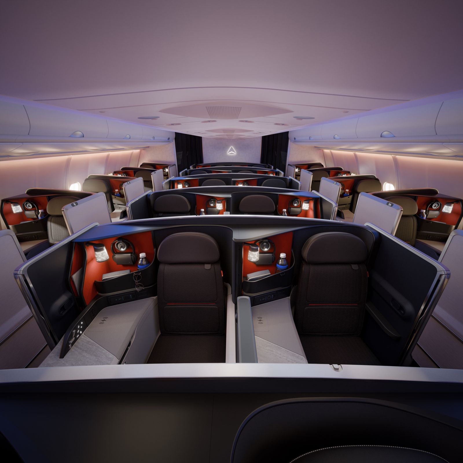 Rendering of the retrofitted Delta One cabin on Delta’s A330s, looking aft over the suites