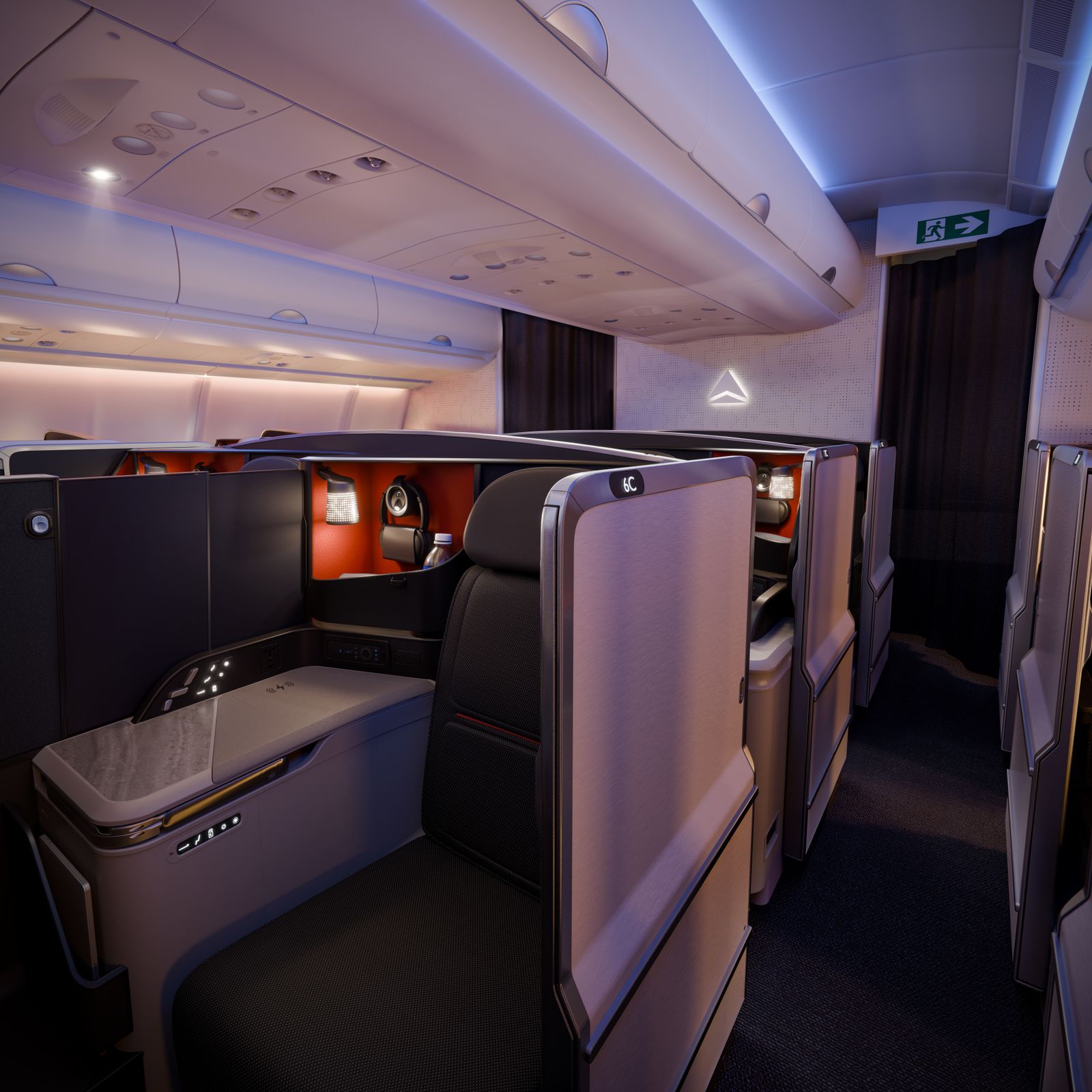 Rendering of a retrofitted Delta A330 Delta One Suite in the centre column, with the divider closed