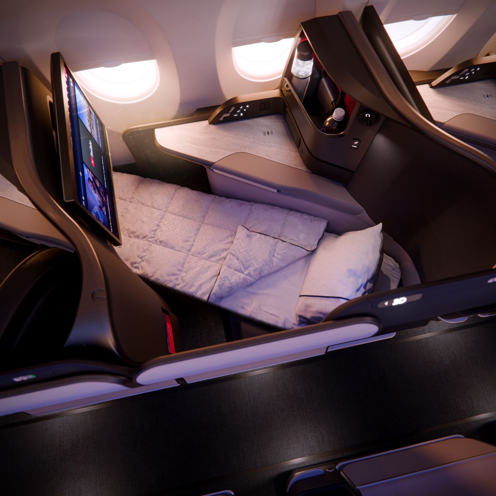 Rendering of a Delta One Suite on the Airbus A350-1000 made up as a flat bed with duvet and pillows