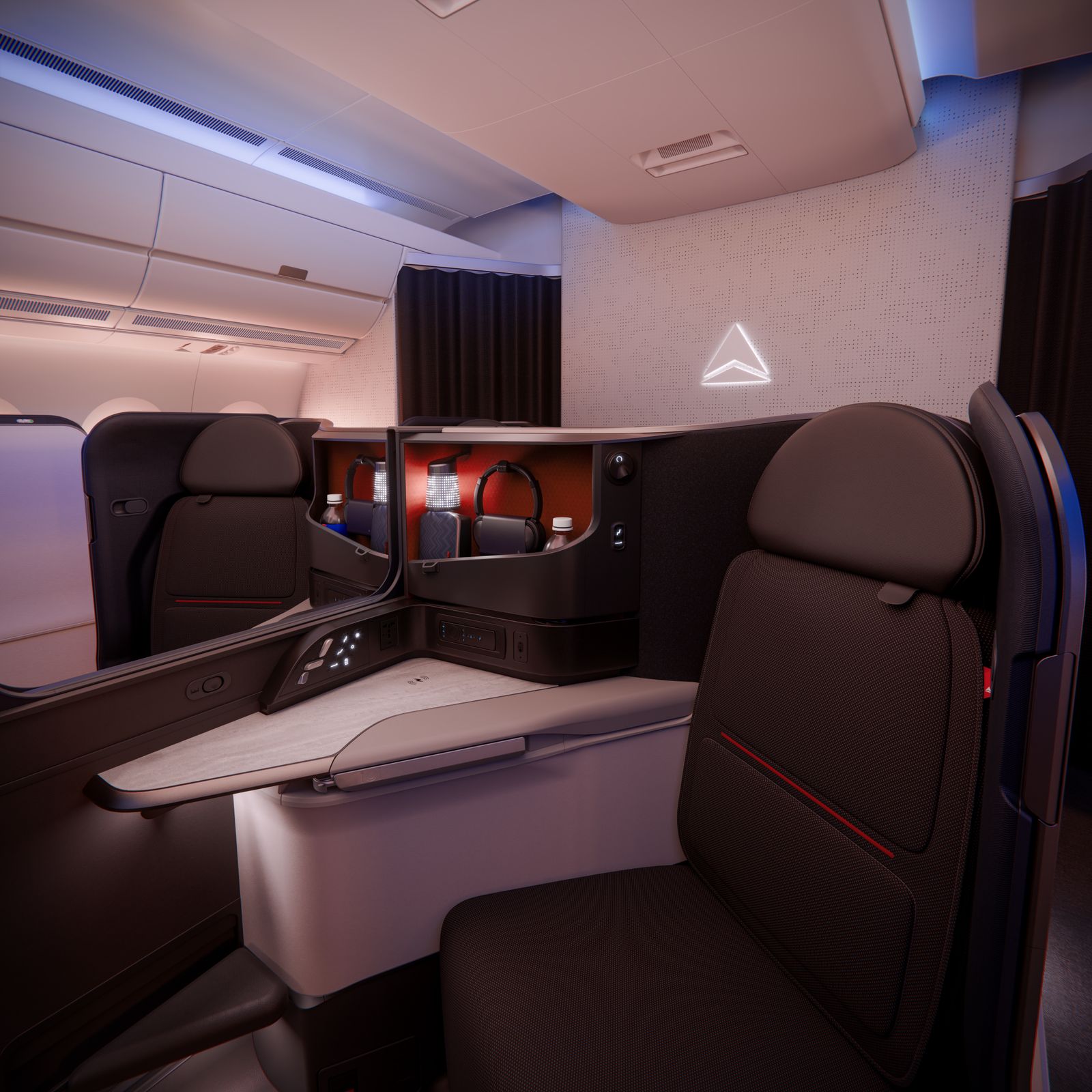 Rendering of the new Delta One Suite for the Airbus A350-1000, a centre pair of suites with storage, screens and amenities — not the A350-900 suite used on Delta Atlanta Riyadh flights