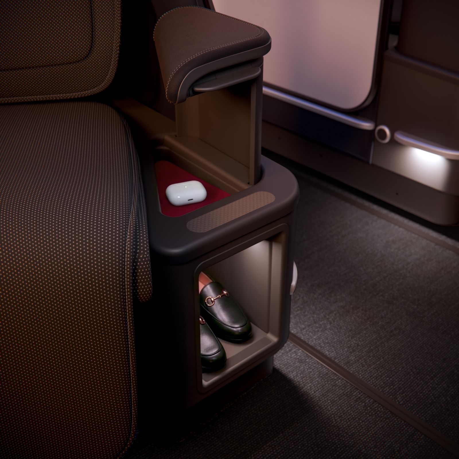 Rendering of the shoe cubby and amenity tray inside the new A350-1000 Delta One Suite