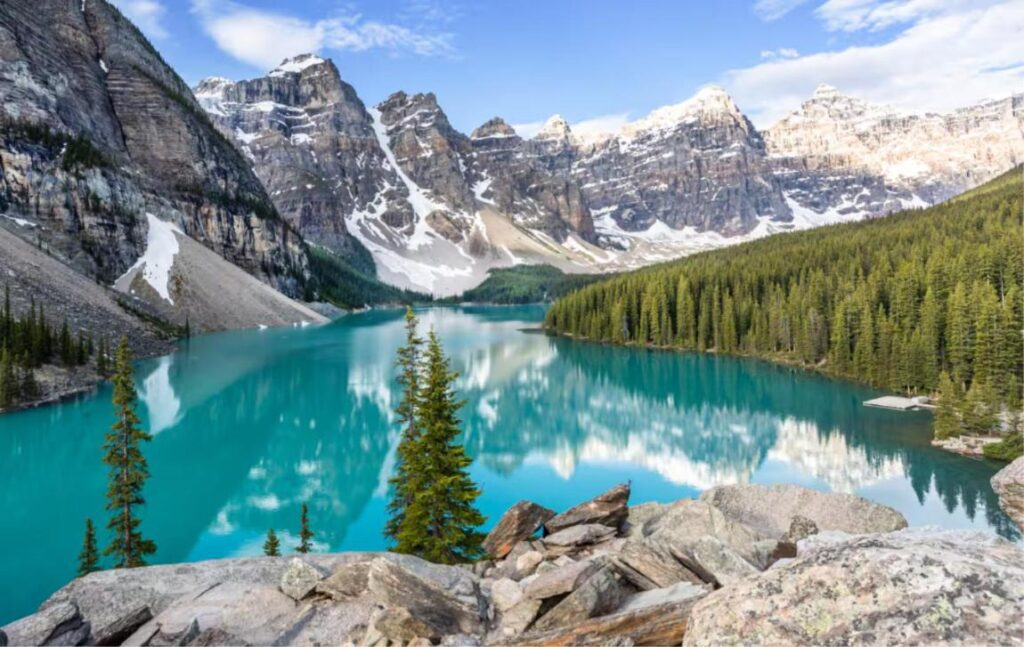 Turquoise Moraine Lake below snow-capped peaks in the Canadian Rockies near Calgary, the image Etihad used to announce its Abu Dhabi-Calgary route