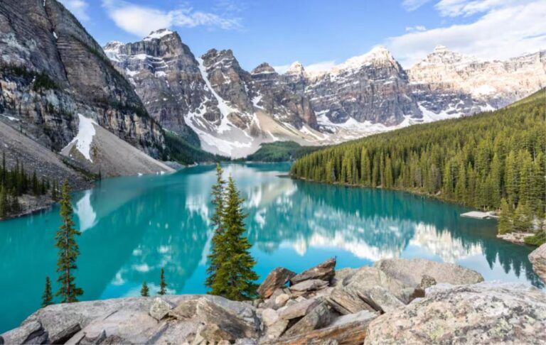 Turquoise Moraine Lake below snow-capped peaks in the Canadian Rockies near Calgary, the image Etihad used to announce its Abu Dhabi-Calgary route