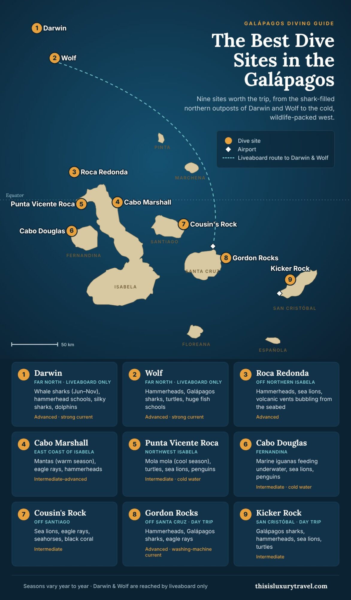 Map of the best dive sites in the Galápagos: Darwin, Wolf, Roca Redonda, Cabo Marshall, Punta Vicente Roca, Cabo Douglas, Cousin's Rock, Gordon Rocks and Kicker Rock