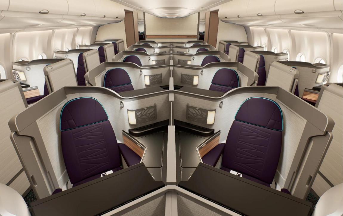 Rendering of Hawaiian Airlines Leihoku Suites on the A330 with purple seats, cream textured walls and privacy doors in a 1-2-1 layout